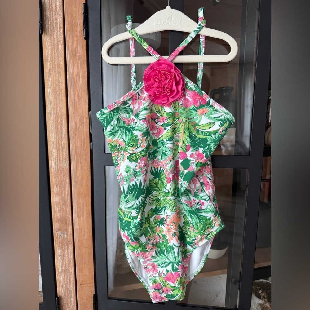 Janie & Jack one piece swimsuit tropical palm print rosette halter floral girls